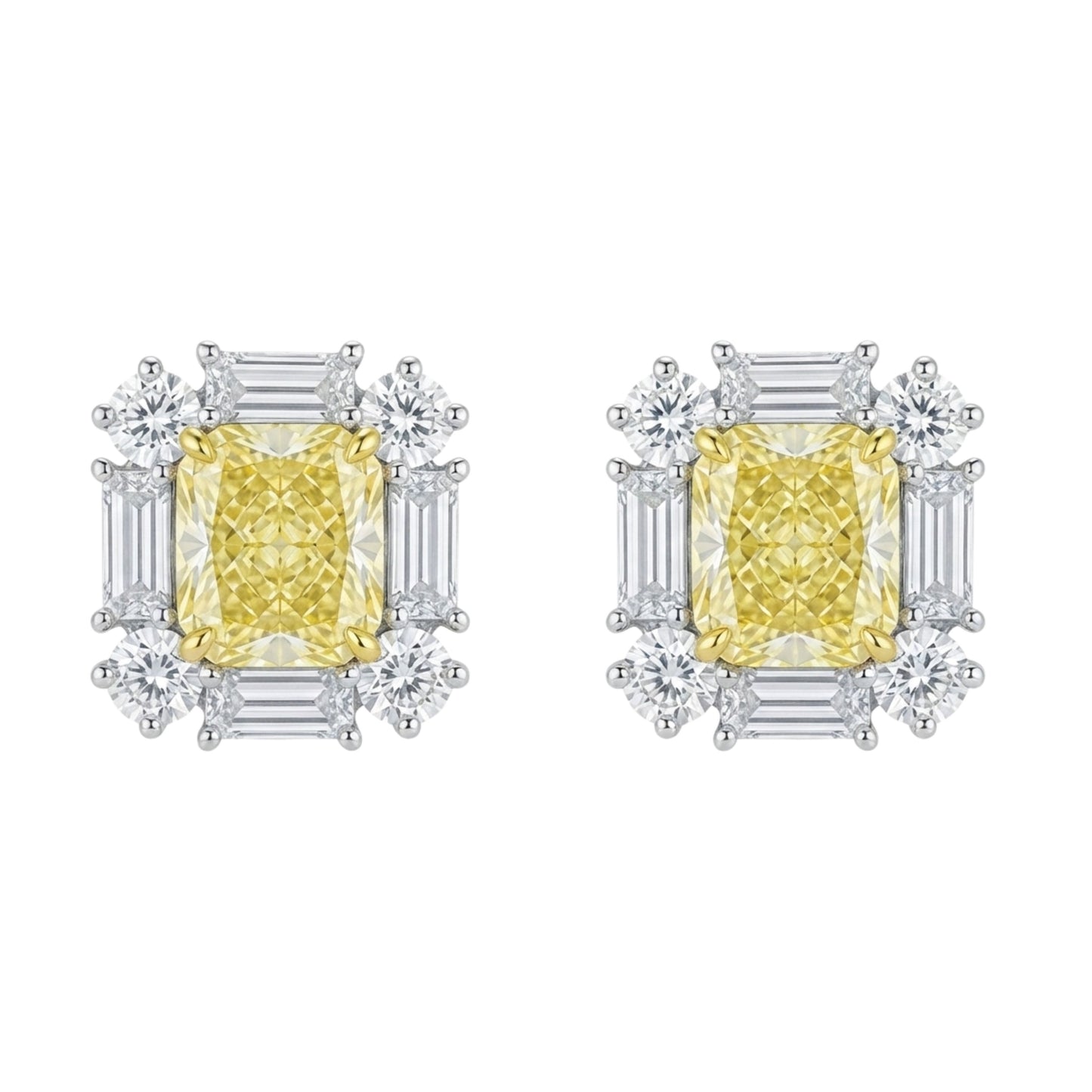 Canary Cushion Baguette Halo Cluster Studs