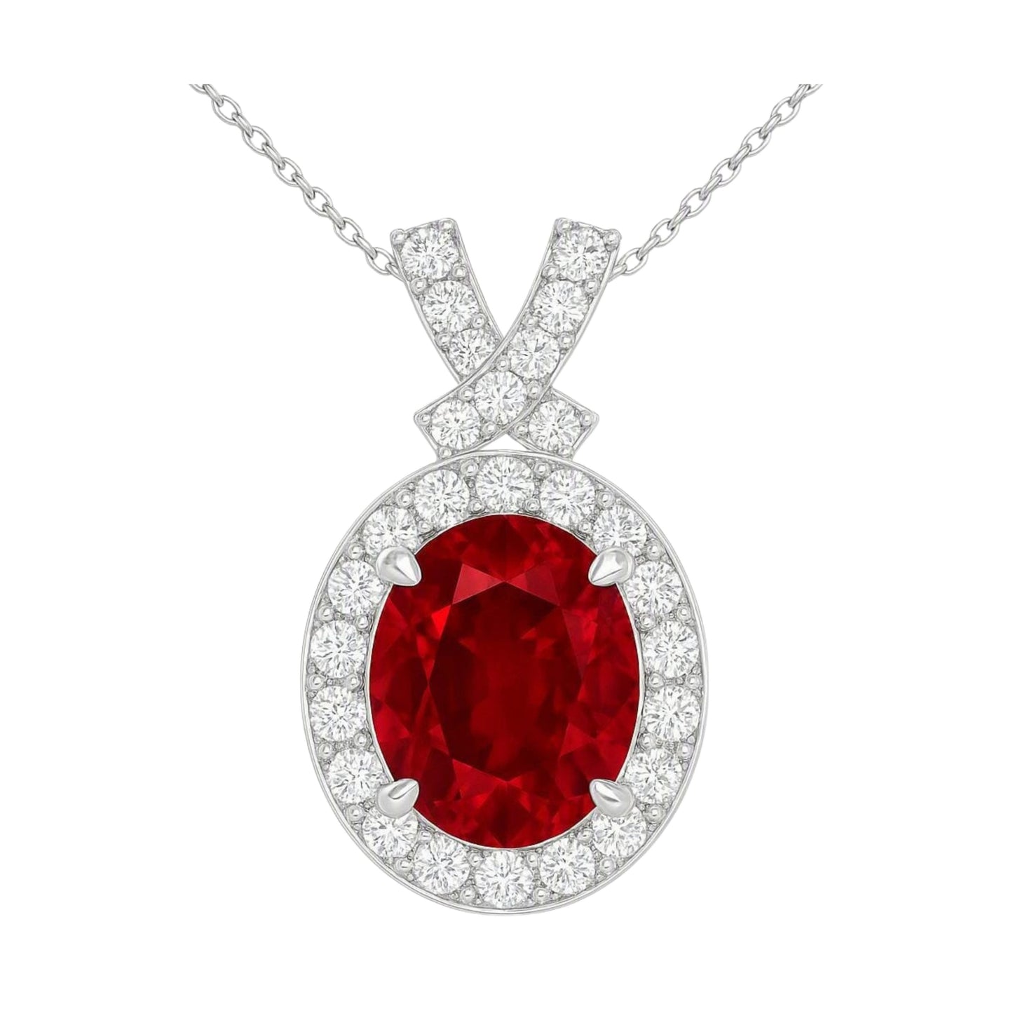 Crimson Halo Ruby Moissanite Necklace in 925 sterling silver with oval red gemstone center stone surrounded by moissanite halo and pave crisscross bail
