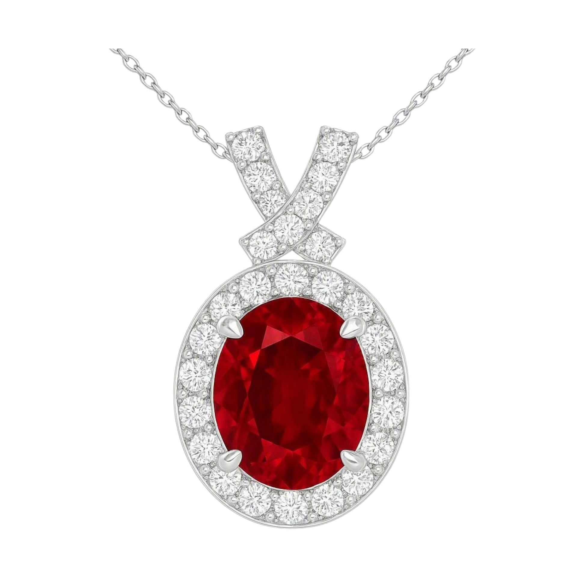 Crimson Halo Ruby Moissanite Necklace in 925 sterling silver with oval red gemstone center stone surrounded by moissanite halo and pave crisscross bail