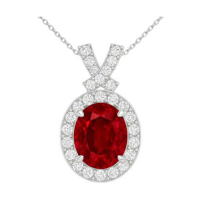 Crimson Halo Ruby Moissanite Necklace in 925 sterling silver with oval red gemstone center stone surrounded by moissanite halo and pave crisscross bail