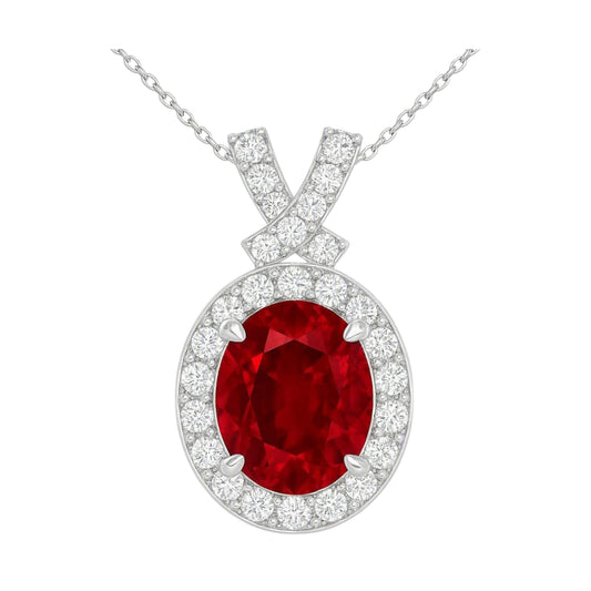 Crimson Halo Ruby Moissanite Necklace in 925 sterling silver with oval red gemstone center stone surrounded by moissanite halo and pave crisscross bail