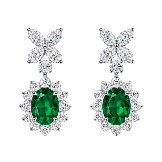 Emerald Oval Halo Moissanite Drop Earrings