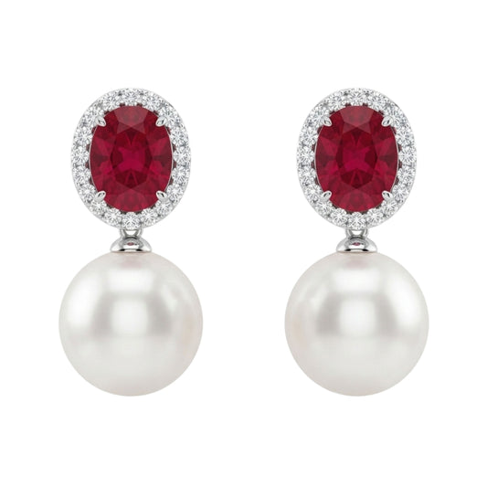 Crimson Oval Gemstone & Pearl Drop Earrings
